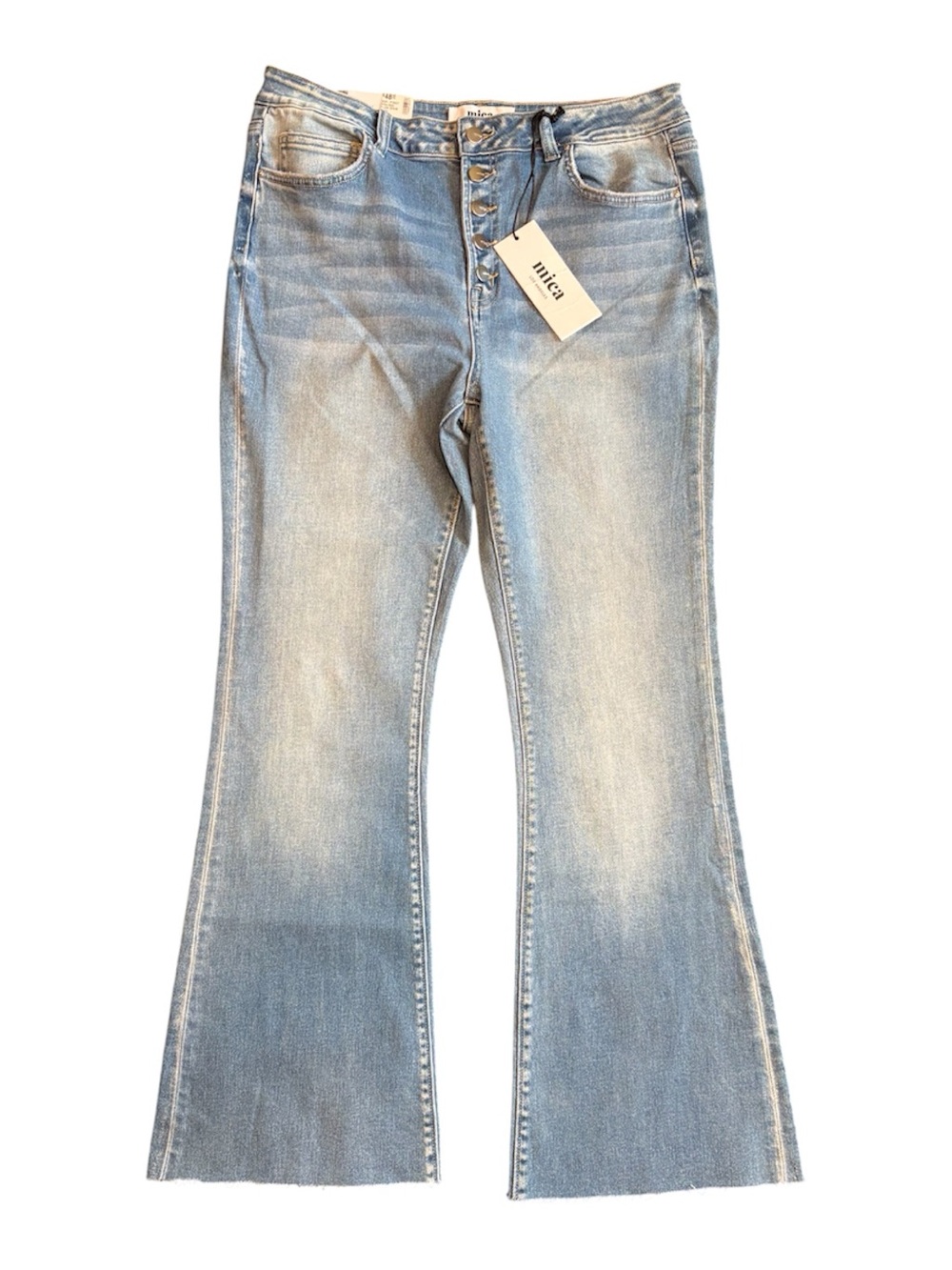 Mica Los Angeles NWT Size 32 High-Rise Light Wash Flare Jeans Button Fly Raw Hem